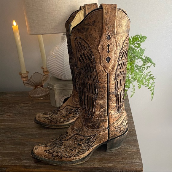 CORRAL Distressed Leather Cross Wings Glitter Cowgirl Cowboy Western Boot 8 Tan - Picture 4 of 16